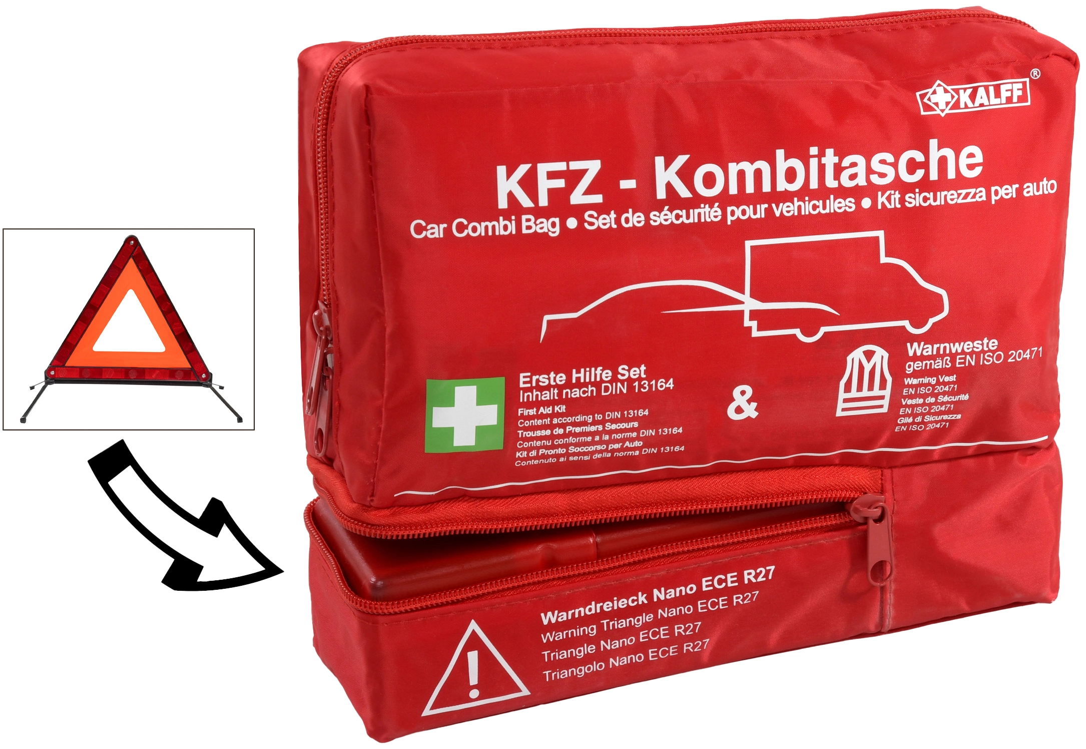 Red first aid kit for the car, compliant with DIN 13164:2022, car first aid  kit, red car emergency kit, First aid bags & roadside assistance, First  aid & Co
